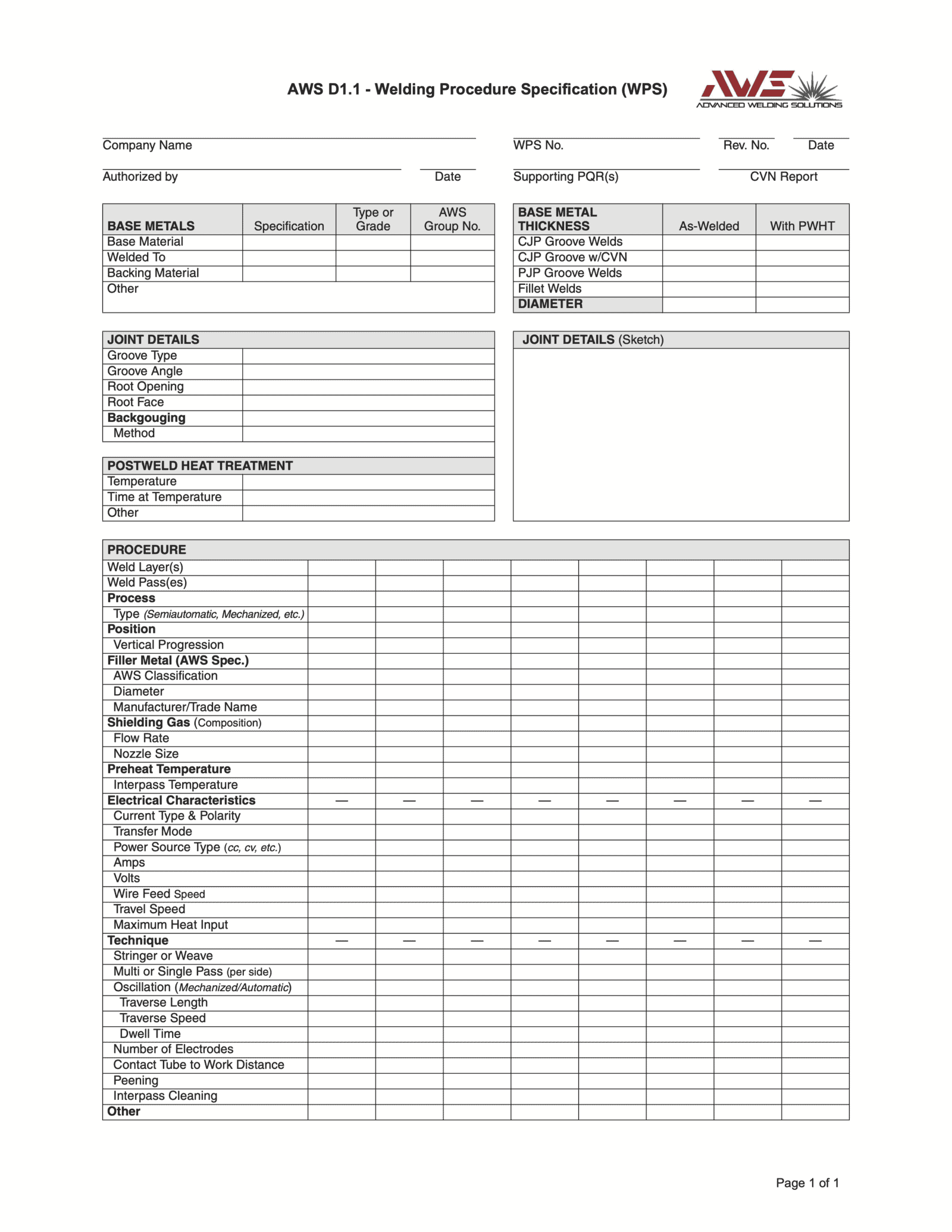 Image of Advanced Welding Solutions' Welding Procedure Specification (WPS).