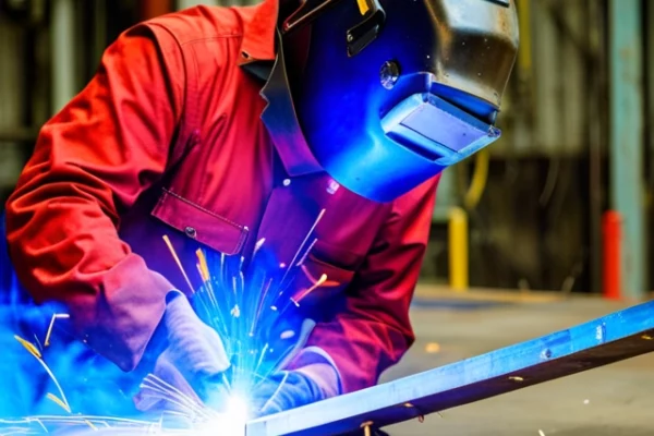 Welder wearing a helmet and red jump suit working on a weld on metal with sparks coming off.