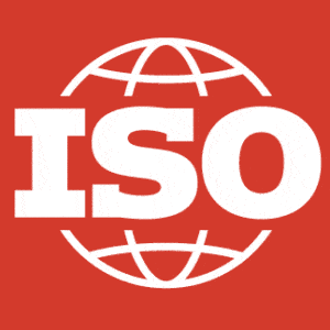 Red and white ISO logo, featuring a world icon with the letters "ISO" text over it.